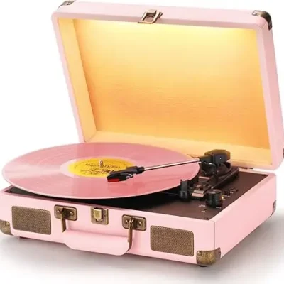 Tocadiscos antiguo de vinilo con transmisión por correa de 3 velocidades y plato de aluminio.
