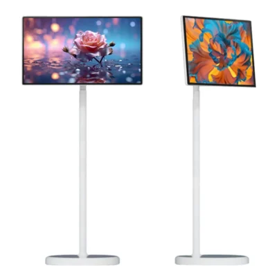 Televisor inteligente portátil con pantalla táctil de 24 o 32 pulgadas, Android 8, 128 GB de RAM y 10000 mAh, con soporte abatible y conexión Wi-Fi.