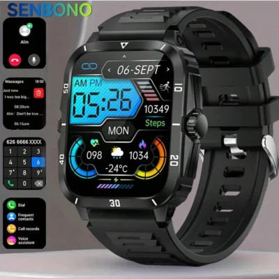 Reloj inteligente unisex SENBONO KT71 con pantalla HD de 1,96'', función de respuesta de llamadas, resistente al agua IP68, ideal para actividades al aire libre, con sensor de frecuencia cardíaca y batería de 430 mAh.