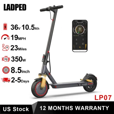 Patinete Eléctrico LADPED LP07 de 8.5'', 350W, Velocidad Mx de 19 mph, Control Inteligente por App, Suspensión Doble, Alcance Máximo de 23 Millas.