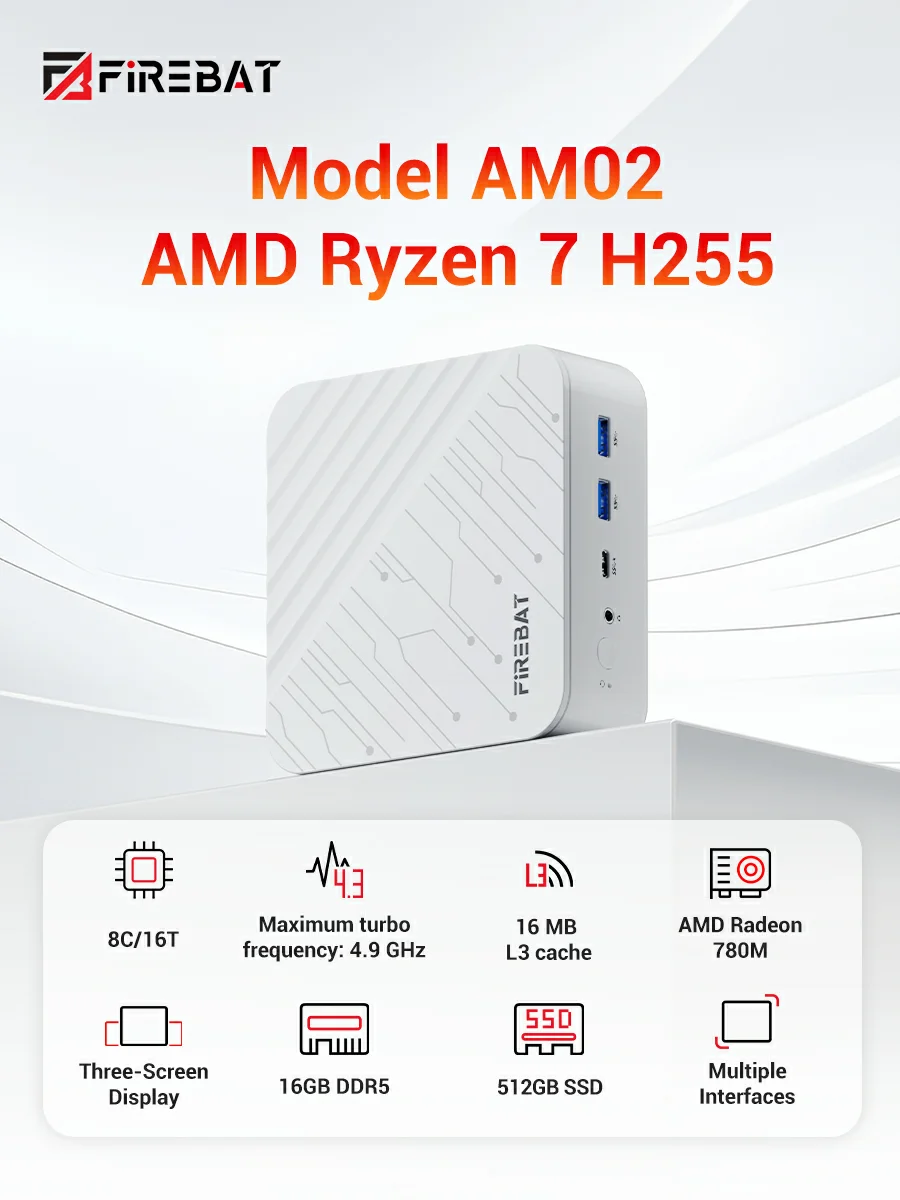 FIREBAT AM02 Mini PC AMD Ryzen 7 H255 DDR5 16GB RAM M.2 PCIe 512GB SSD Barebone PC WiFi6 BT5.2 1000M LAN Windows11 Computadora de Escritorio FIREBAT AM02 Mini PC AMD Ryzen 7 H255 DDR5 16GB RAM M.2 PCIe 512GB SSD Barebone PC WiFi6 BT5.2 1000M LAN Windows11 Computadora de Escritorio - Imagen 10