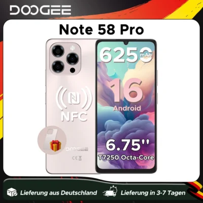 Versión Global DOOGEE Note58 Pro Smartphone Pantalla HD+ de 6.75" 32GB(8+24) 256GB Batería de 6250mAh NFC Android 15 Teléfono Móvil