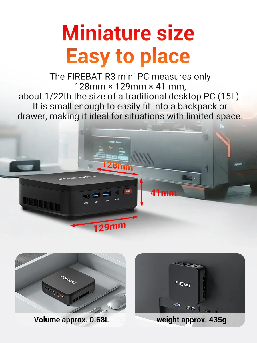 Mini PC Firebat R3 con AMD Ryzen7 7730U, Ryzen5 7430U, Ryzen3 4300U, 16 GB de RAM LPDDR4, SSD M.2 SATA de 512 GB, Wifi6, Bluetooth 5.2, LAN 1000M Mini PC Firebat R3 con AMD Ryzen7 7730U, Ryzen5 7430U, Ryzen3 4300U, 16 GB de RAM LPDDR4, SSD M.2 SATA de 512 GB, Wifi6, Bluetooth 5.2, LAN 1000M - Imagen 4